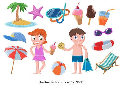 Colorful tropical beach elements set with relaxing children summer vacation equipment and items isolated vector illustration  