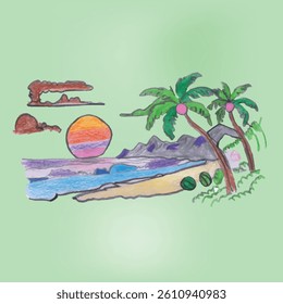 Colorful Tropical Beach Scene with Palm Trees and Vibrant Sunset