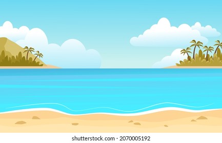 Colorful tropical beach with sea lagoon landscape. Yellow sand with stones and islands with palm trees on horizon and blue sky with clouds exciting travel and summer tourism. Seaside cartoon vector.
