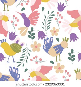 Colorful Tropical Bird Hand Drawn Seamless Pattern