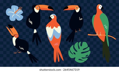 Aves tropicais coloridas, incluindo tucanos e papagaios, com penas vibrantes. Aves e folhas tropicais criam um tema vivo e exótico. Vibrações tropicais e exóticas. Ilustrações de animais, conjunto vetorial.