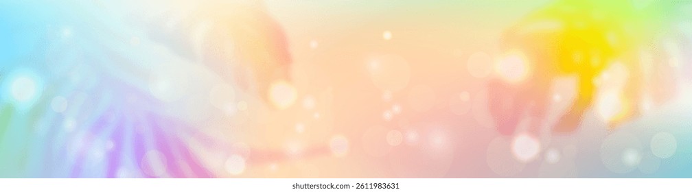 Colorful tropical blurred background with soft gradients, tropical leaf silhouettes and glowing bokeh lights . Ideal for summer, vacation, paradise, or beach-themed designs. Bright and dreamy
