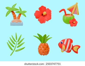 Colorful tropical cartoon icons featuring a palm tree, hibiscus flower, pineapple, fish, leaf, and a coconut drink on a light blue background. 3D simple illustrations.