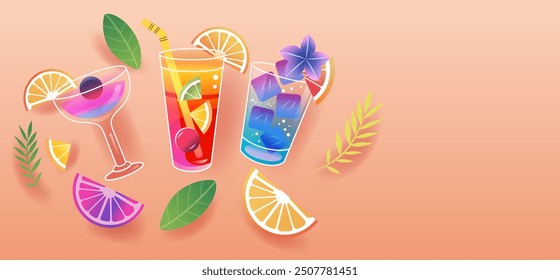 Colorful tropical cocktails with citrus slices ice cubes and leaves on a gradient background summer party theme