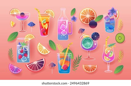 Colorful tropical cocktails with fruits ice cubes and umbrellas on a pink background summer drink concept