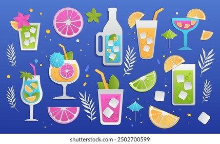 Colorful tropical cocktails summer drinks paper cut style vibrant fruits ice cubes leaves blue background