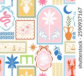 Colorful tropical design with geometric background. Patchwork with silhouettes of arches and frames, palm trees, hibiscus, palm leaves, leopards and elegant vintage vases