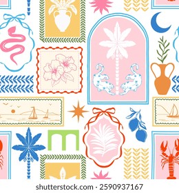 Colorful tropical design with geometric background. Patchwork with silhouettes of arches and frames, palm trees, hibiscus, palm leaves, leopards and elegant vintage vases