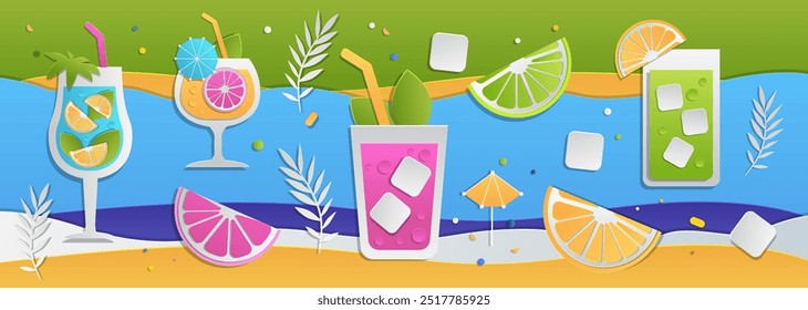 Colorful tropical drinks beach scene paper cut style with cocktails citrus slices ice cubes palm leaves and umbrellas in vibrant colors summer theme