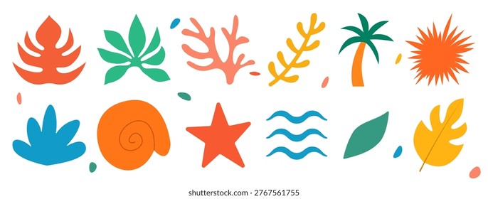 Colorful tropical elements including leaves, palm, coral reefs, snails and starfish. Vibrant shapes create playful summer mood. Vector illustration