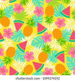 Colorful tropical elements seamless pattern with yellow background