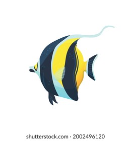 Colorful tropical exotic caribbean fish with yellow and black stripes. Underwater animal of wildlife ocean. Flat cartoon vector illustration isolated on a white background.