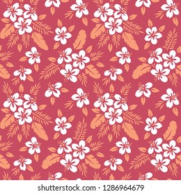 Colorful Tropical Exotic Foliage, Hibiscus Floral Vector Seamless Pattern. Lush Tropical Palm Leaves