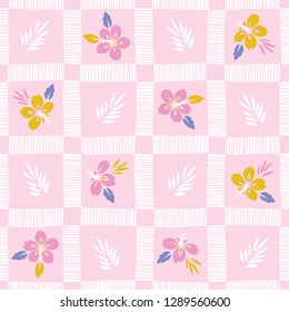 Colorful Tropical Exotic Foliage, Hibiscus Hand-Drawn Plaid Floral Vector Seamless Pattern. Palm Checkered Background