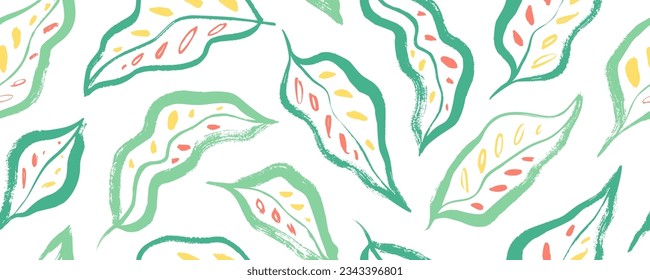 Colorful tropical exotic leaves seamless banner. Hand drawn vector botanical seamless pattern with maranta and calathea leaves. Brush drawn jungle plants, exotic wallpaper. Foliage organic texture.