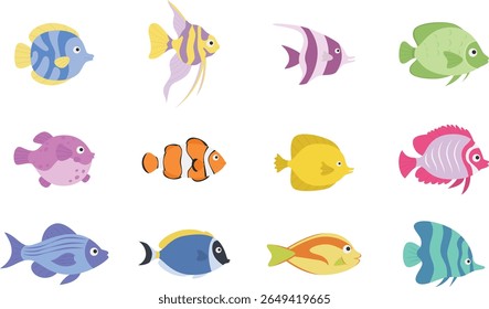 Colorful Tropical Fish Cartoon Vetor Collection for Educational Materials, Children’s Books and Aquarium Decor (Coleção de vetor de desenhos animados de peixes tropicais coloridos para materiais educativos, livros infantis e decoração de aquário)