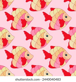 Colorful tropical fish endless pattern design. Aquatic creatures swimming. Children fashion clothes print. Tropical fish decorative graphic design. Different color scales, fins