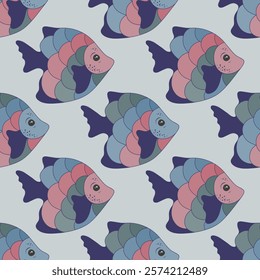 Colorful tropical fish seamless textile print illustration. Sea water animals swimming. Baby fashion fabric print. Tropical fish undersea life graphic design. Colorful scales, fins