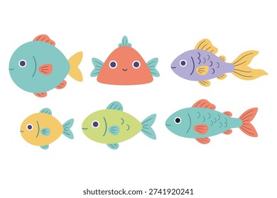 Colorful Tropical Fish Vector Collection, Cute Sea Life Creatures Illustration, Aquarium Fish Character Set for Kids and Education