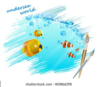 colorful tropical fish in the water. Imitation brush drawing