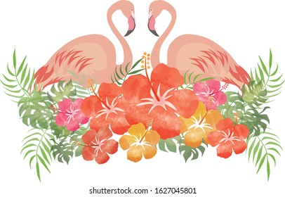 Colorful tropical flamingo and hibiscus frame