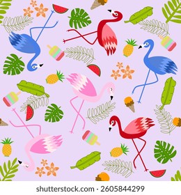 Colorful Tropical Flamingo Pattern with Fruits and Flowers
