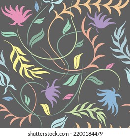 Colorful tropical floral abstract ornament. Vector illustration isolated on dark grey background. Seamless pattern with leaves. Botanical texture in pastel colors. Wrapping, wallpaper, fabric design