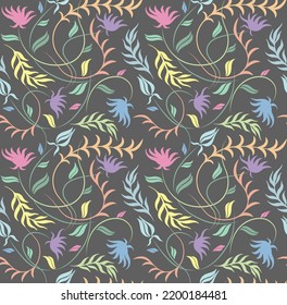 Colorful tropical floral abstract ornament. Vector illustration isolated on dark grey background. Seamless pattern with leaves. Botanical texture in pastel colors. Wrapping, wallpaper, fabric design