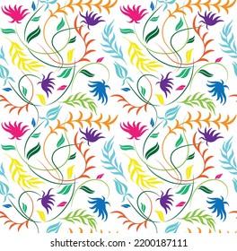 Colorful tropical floral abstract ornament. Vector illustration isolated on white background. Seamless pattern with flowers. Botanical texture in bright colors. Wrapping, wallpaper, fabric design.