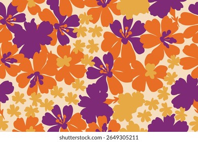Colorful tropical floral pattern with bold orange, purple, and yellow hibiscus on beige background. Ideal for summer fabrics, decor, and digital prints.