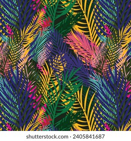 colorful tropical floral pattern. Cute botanical abstract contemporary seamless pattern. Hand drawn unique print.