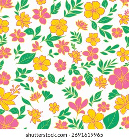 Colorful Tropical Floral Pattern Vector — seamless flower and leaf design in pink, yellow, and green tones. Perfect for fabric, wallpaper, wrapping paper, and summer prints.