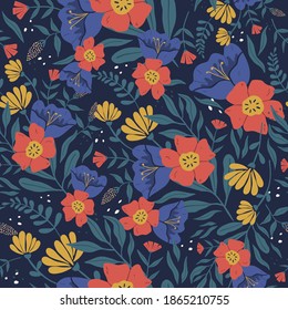 Colorful tropical flower seamless pattern. Vector illustration in hand drawn doodle style. Abstract hand painted flowers and leaves. Used for postcards, textiles, decoupage, scrapbooking, wrappers. 