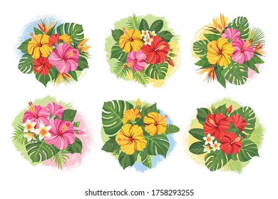 Colorful tropical flowers bouquets set. Floral composition with hibiscus, palm leaves and monstera on abstract colorful blot. Vector illustration.