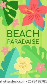 Colorful tropical flowers and leaves create a vibrant beach paradise scene, perfect for summer holiday celebrations