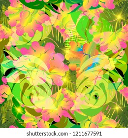 Colorful tropical flowers vector seamless pattern. Ornamental floral beautiful background. Repeat decorative glowing backdrop. Bright elegance exotic blossom flowers, palm and fern leaves, shiny stars