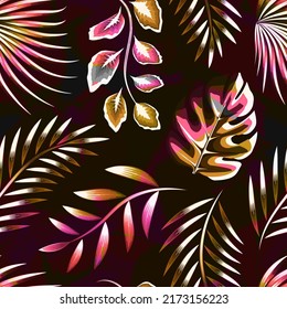 colorido follaje tropical sin fisuras sobre fondo oscuro y abstracto. fondo tropical patrón transparente con elemento vegetal. Tropos exóticos. Diseño de verano. fondo de pantalla natural. jungla