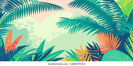 Colorful tropical forest landscape, flat colors panoramic banner. Tropical vacations template design. Vector illustration