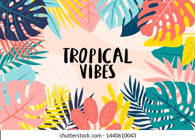 colorful tropical frame template with different leaves and "tropical vibes" text on pastel background. Abstract frame template with palm and monstera leaves. Vector tropical frame for banners