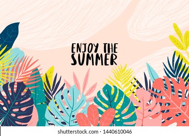 colorful tropical frame template with different leaves and "enjoy the summer" text on pastel background. Abstract frame template with palm and monstera leaves. Vector tropical frame for banners