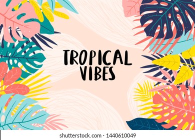 colorful tropical frame template with different leaves and "tropical vibes" text on pastel background. Abstract frame template with palm and monstera leaves. Vector tropical frame for banners