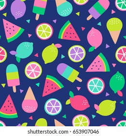 Colorful tropical fruit and dessert seamless pattern background