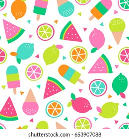 Colorful tropical fruit and dessert seamless pattern background