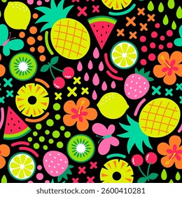 Colorful tropical fruit, hibiscus and butterfly seamless pattern design for summer holidays background.