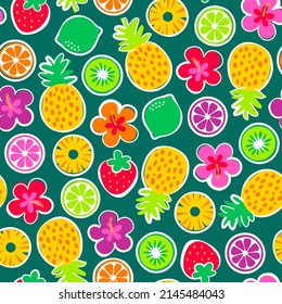 Colorful tropical fruit and hibiscus flower seamless pattern for summer holidays background.