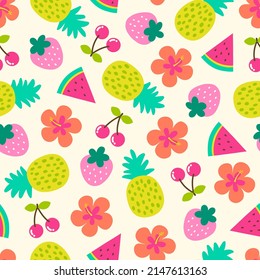 Colorful tropical fruit and hibiscus flower seamless pattern for summer holidays background.