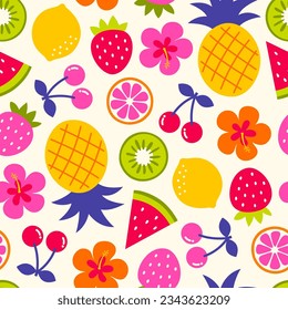 Colorful tropical fruit and hibiscus flower seamless pattern for summer holidays background.