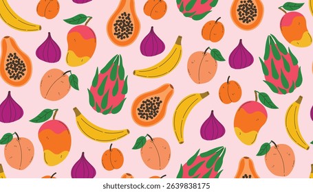 Colorful tropical fruit pattern in flat cartoon style with banana, mango, fig, peach, papaya, dragon fruit, and apricot scattered in fun, playful composition. Perfect for  food-themed design.