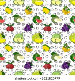 Colorful Tropical Fruit Repeat Pattern: Vibrant Design Featuring Durian, Mango, Watermelon, Lychee, Mangosteen, and Grapes on a White Background, Ideal for Textiles and Lively Surface Prints