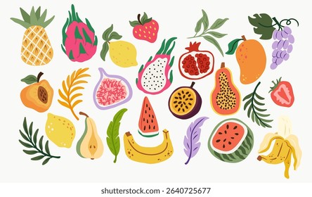 Colorful tropical fruit vector set with hand-drawn papaya, banana, dragon fruit, fig, mango, lemon, pear, pomegranate, watermelon, strawberry, grape, and decorative leaves and branches